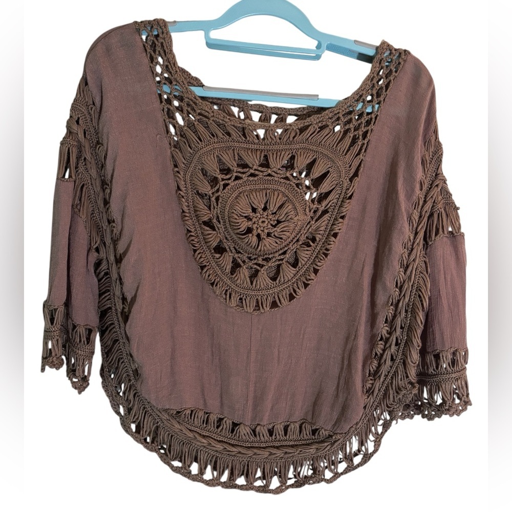 Indie Boho Rebellion Again Earth Toned Crochet Festival Blouse | Size S
